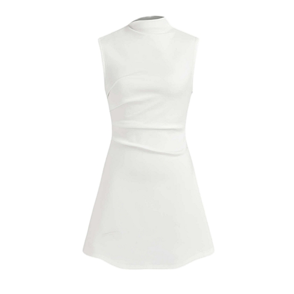 SOLD -NWT Cider White Mock Neck Sleeveless Ruched A-Line Skater Short Mini Dress - Picture 3 of 9